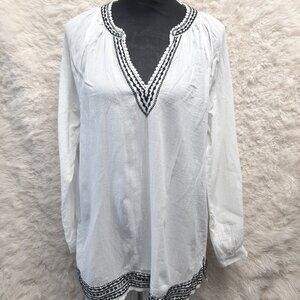 J. Crew Women's 100% Cotton White Gauzy Cotton Black Silver Embroidered Blouse M